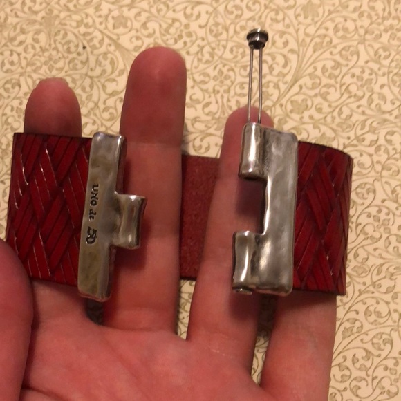 Quadrilateral Red Woven Leather Cuff Bracelet - Picture 3 of 5